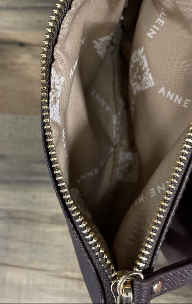 Anne Klein Brown Monogram Logo Embossed Tote Bag with Pouch Gold Hardware