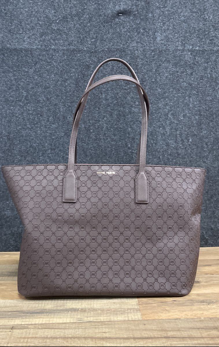 Anne Klein Brown Monogram Logo Embossed Tote Bag with Pouch Gold Hardware