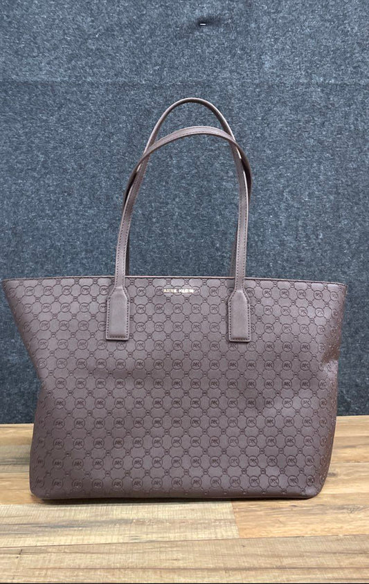 Anne Klein Brown Monogram Logo Embossed Tote Bag with Pouch Gold Hardware