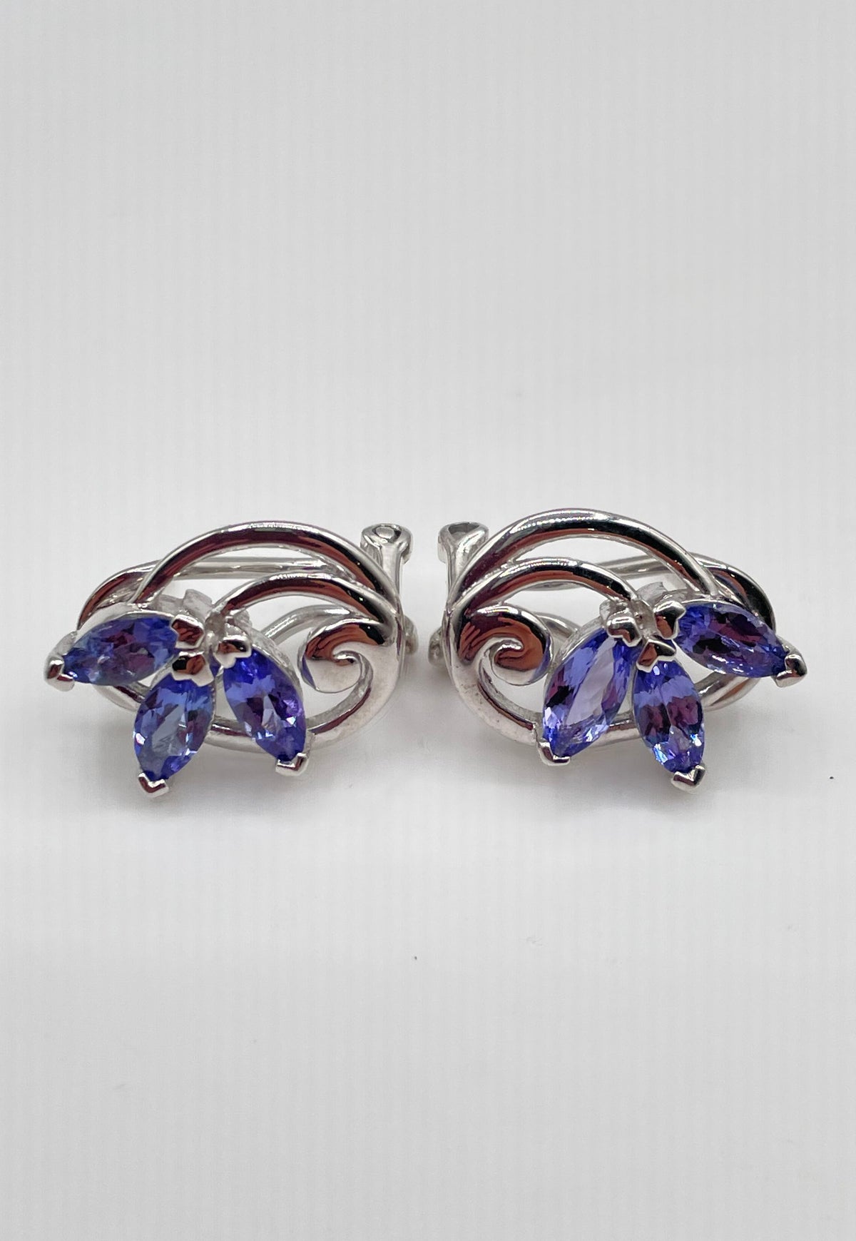 925 Sterling Silver Iolite Floral Omega Back Earrings 5.5g