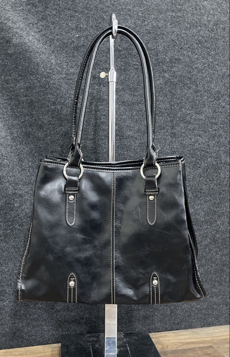 Black Leather Tote Shoulder Bag White Contrast Stitch Silver Hardware 13x10