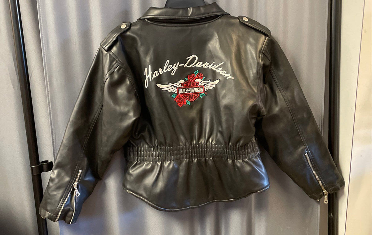 Vintage 90s Harley-Davidson Embroidered Rose Wing Moto Jacket Pleather Sz M