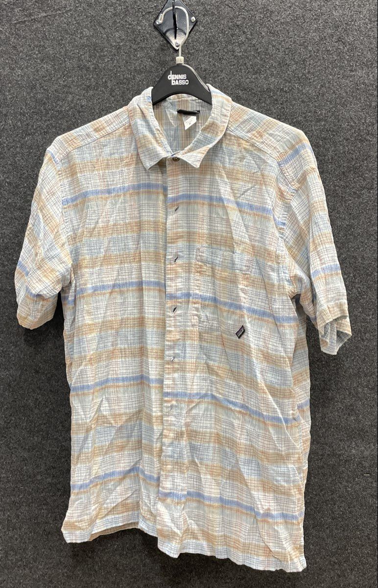 Patagonia A/C Steersman Plaid Shirt Organic Cotton Short Sleeve Blue Tan Sz XL