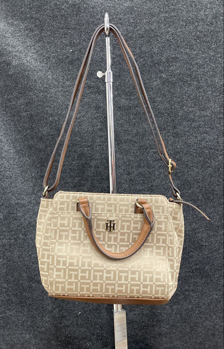 Tommy Hilfiger Cream Monogram Satchel Bag Brown Leather Trim Crossbody Purse