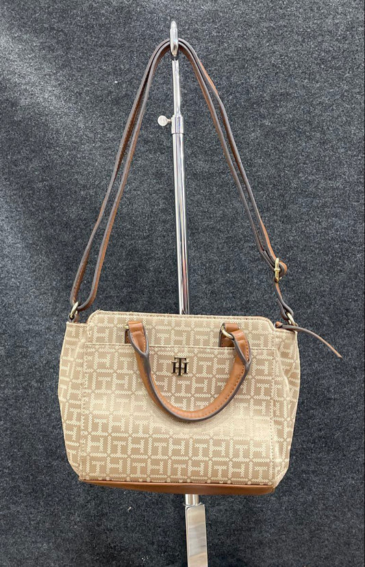Tommy Hilfiger Cream Monogram Satchel Bag Brown Leather Trim Crossbody Purse