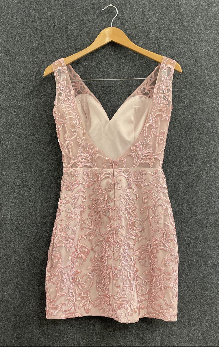 Narianna Women's Pink Embroidered Mesh Rhinestone V-Neck Mini Dress Size M