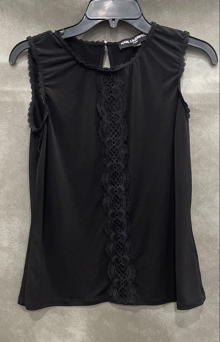Karl Lagerfeld Women's Black Sleeveless Top Crochet Lace Keyhole Pearl Size S
