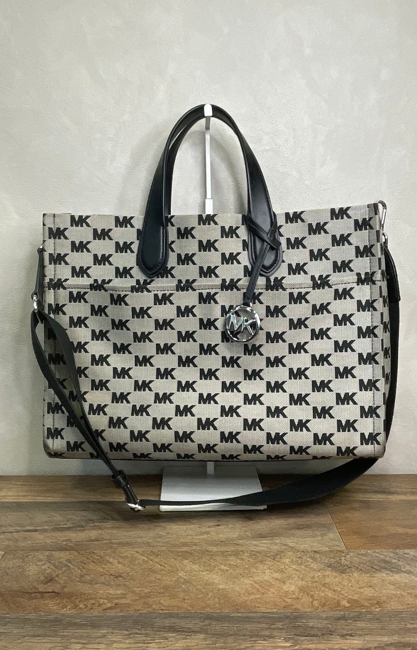 Michael Kors Black Grey Signature Canvas Mirella Medium Tote Crossbody Bag