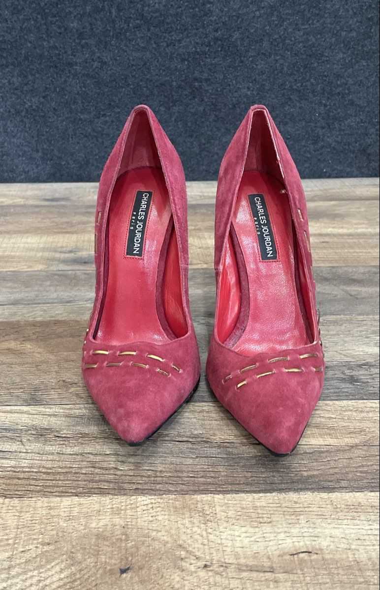 Charles Jourdan Red Suede Pointed Toe Gold Detail Stiletto Heels Size 6.5M