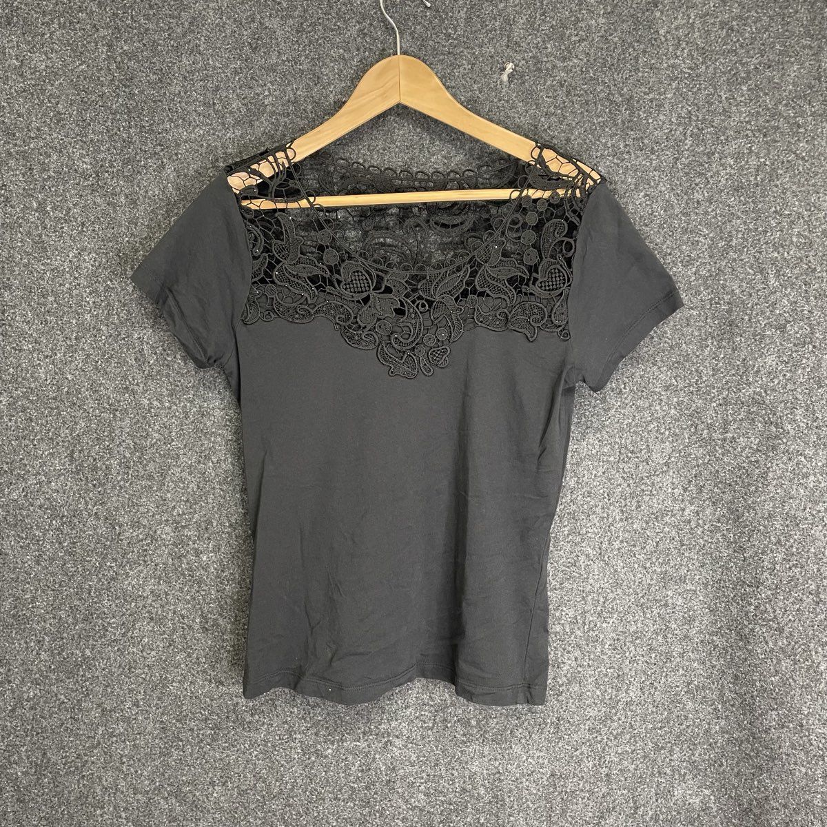 Venus Women's Black Lace Yoke T-Shirt Crochet Detailed 100% Cotton Size M
