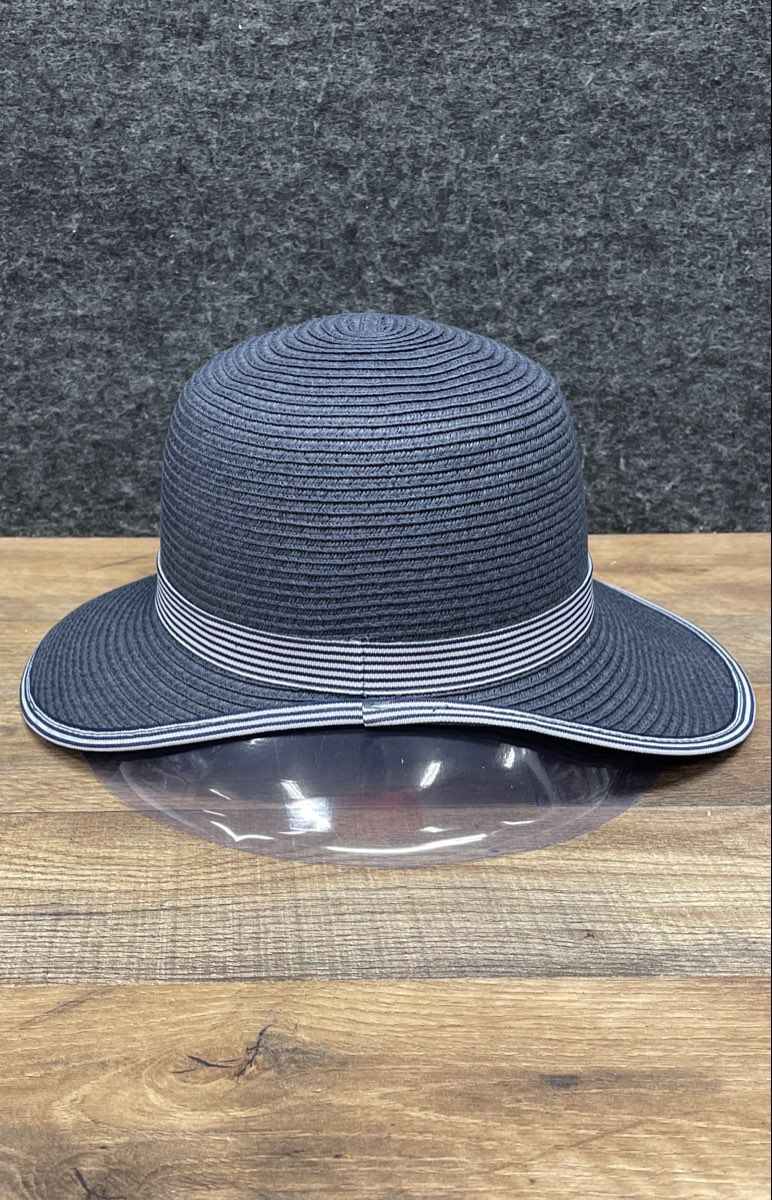 Lands' End Women's Navy Blue Wide Brim Straw Hat Striped Band Sz S-M