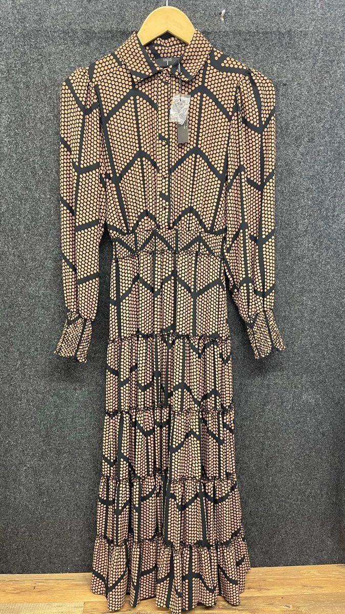 Tahari Women's Black Tan Geometric Honeycomb Tiered Smocked Maxi Dress NWT Sz XS