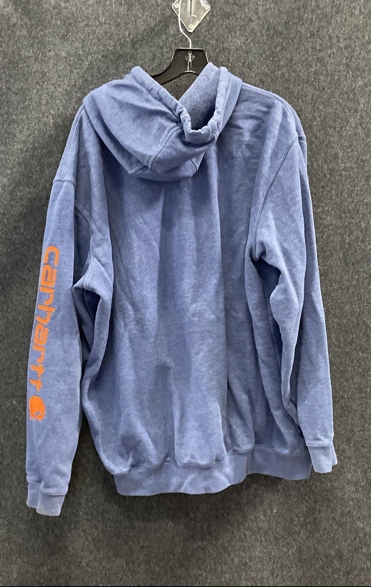 Carhartt Men's Blue Hoodie Orange Logo Sleeve Graphic Original Fit Sz XL