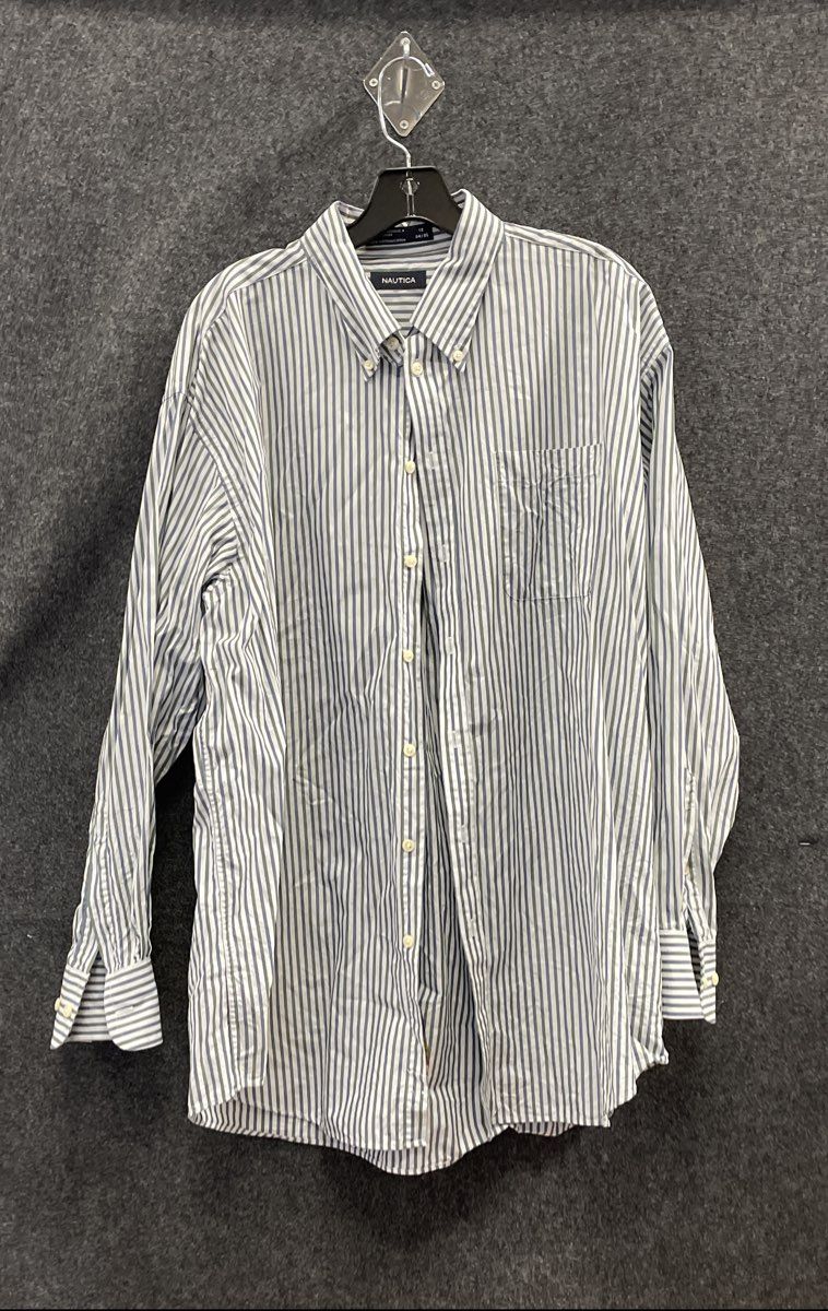 Nautica Men's White Blue Green Striped Cotton Button Down Shirt Sz 18 34/35