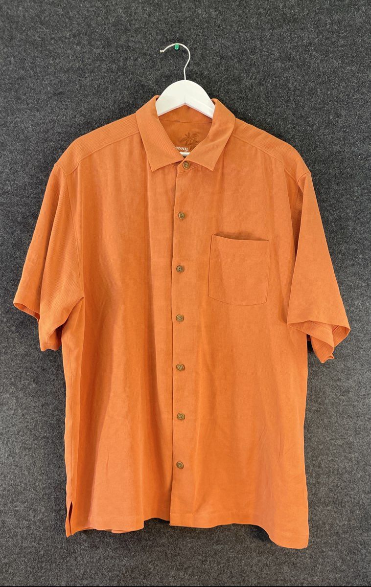 Vintage 90s Tommy Bahama Men's Orange Silk Island Riders Shirt Sz L