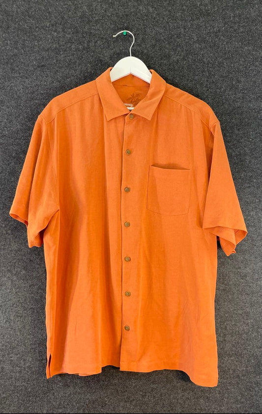 Vintage 90s Tommy Bahama Men's Orange Silk Island Riders Shirt Sz L