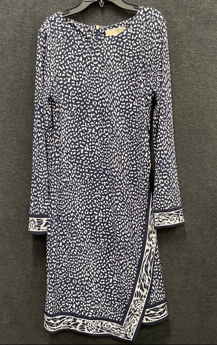 Michael Kors Women's Navy Blue Animal Print Long Sleeve Faux Wrap Dress Sz M