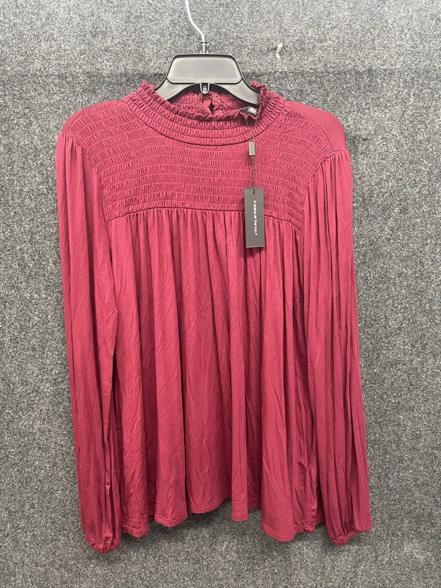 Cable & Gauge Women's Smocked Mock Neck Top Burgundy Long Sleeve Sz L NWT