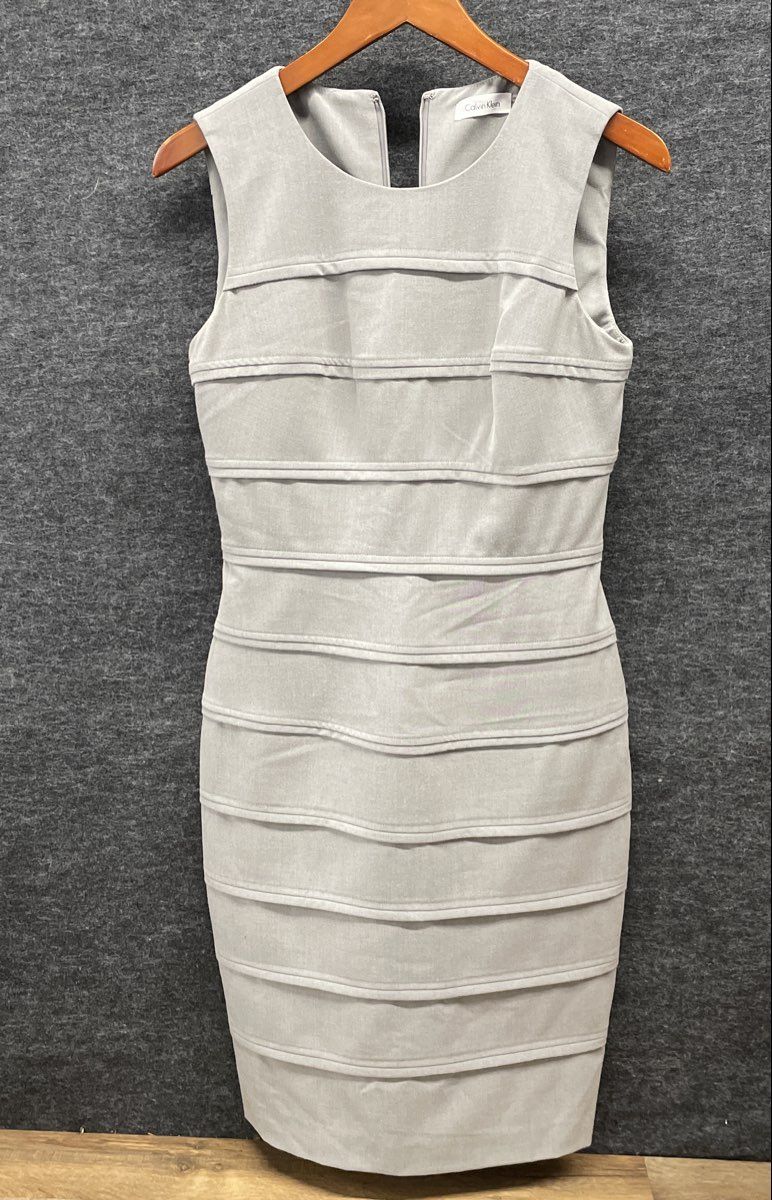 Calvin Klein Women's Gray Sleeveless Tiered Banded Sheath Dress Sz 4