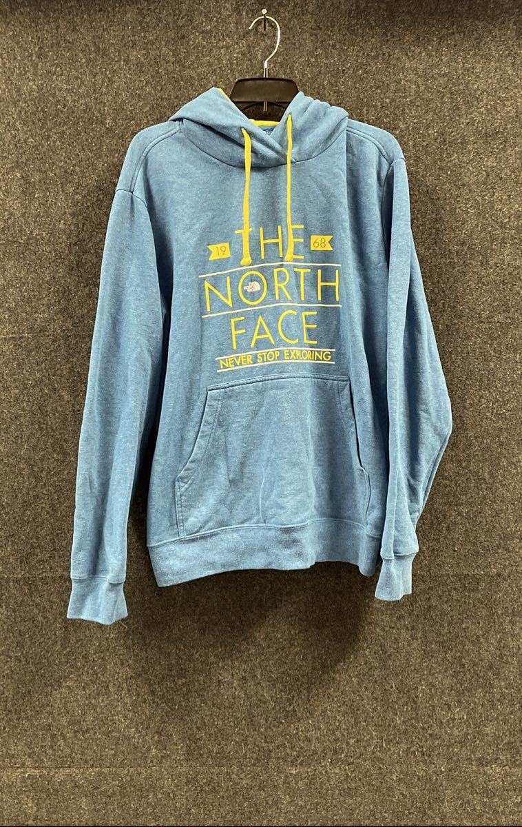 The North Face Men's Heathered Blue Hoodie Graphic Logo Yellow Drawstring Sz L