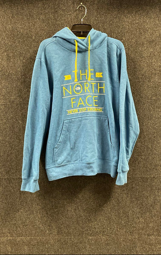 The North Face Men's Heathered Blue Hoodie Graphic Logo Yellow Drawstring Sz L