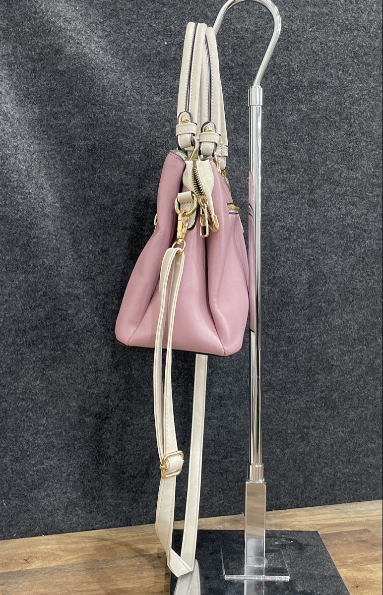 Pink and White Leather Satchel Handbag Crossbody Bag Gold Tone Heart Charm