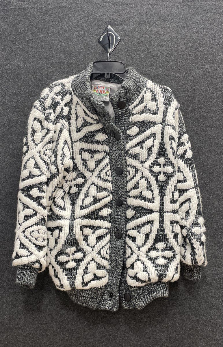 Vintage 90s Cherry Stix Women's Black White Geometric Chunky Knit Cardigan Sz M
