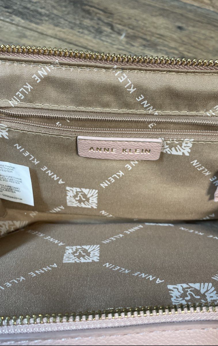 Anne Klein Pink Pebbled Triple Compartment Crossbody Bag Gold Webbing Strap