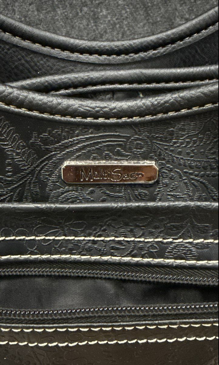 MultiSac Black Embossed Paisley Faux Leather Triple Compartment Shoulder Bag
