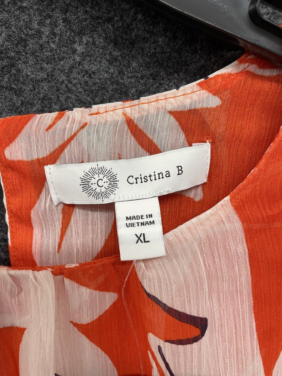 Cristina B Women's Orange White Floral Sleeveless Layered Blouse Top Sz XL NWT