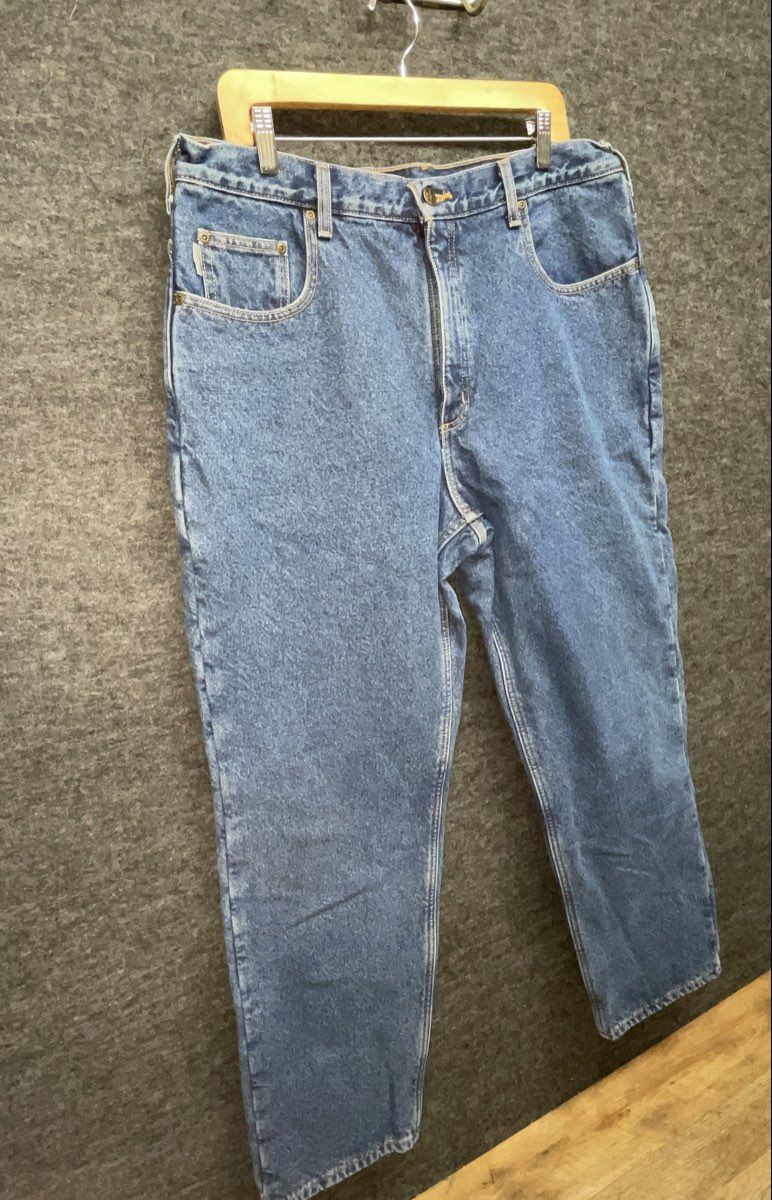 Carhartt Men's Blue Flannel Lined Denim Straight Leg Workwear Jeans
