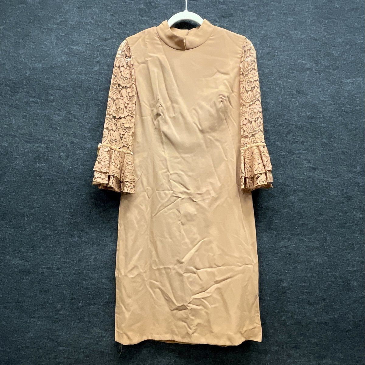Vintage 70s Women's Tan Mock Neck Dress Floral Lace Sleeves Ruffle Cuffs