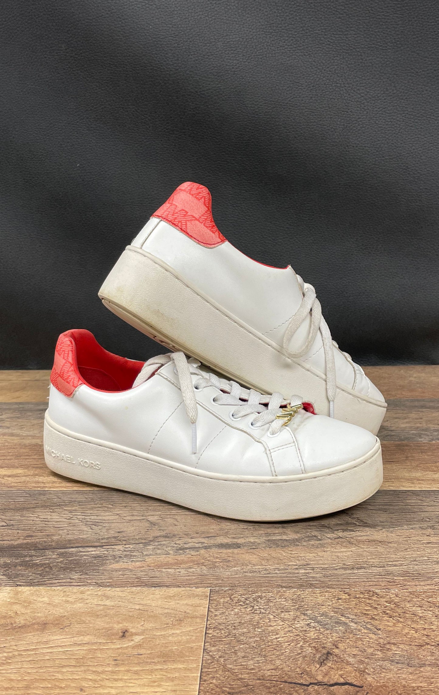 Michael Kors Irving Lace Up White Red Monogram Logo Platform Sneakers Size 7.5