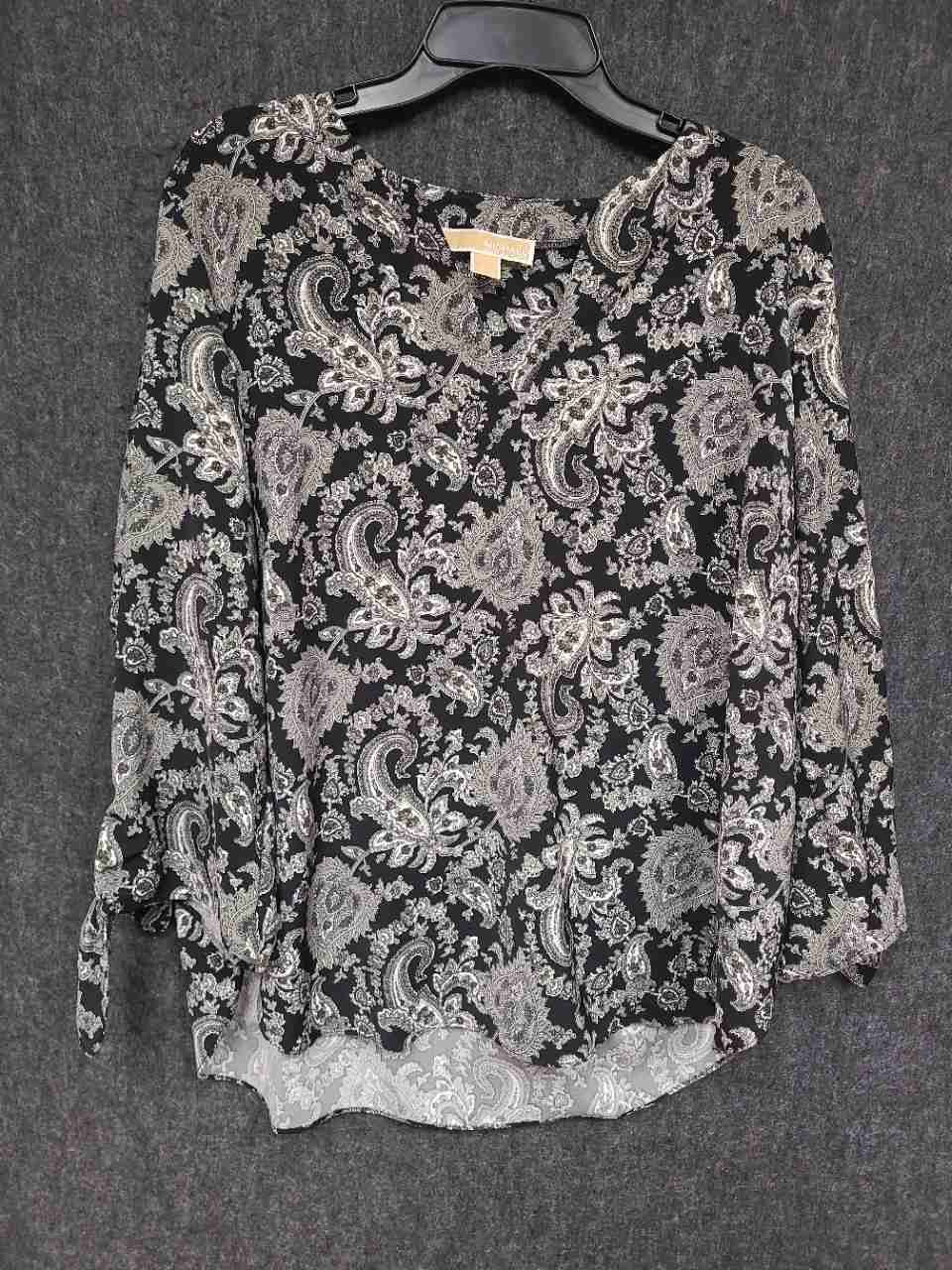 Michael Kors Women's Paisley Tie-Cuff V-Neck Blouse Black Green Sz XL