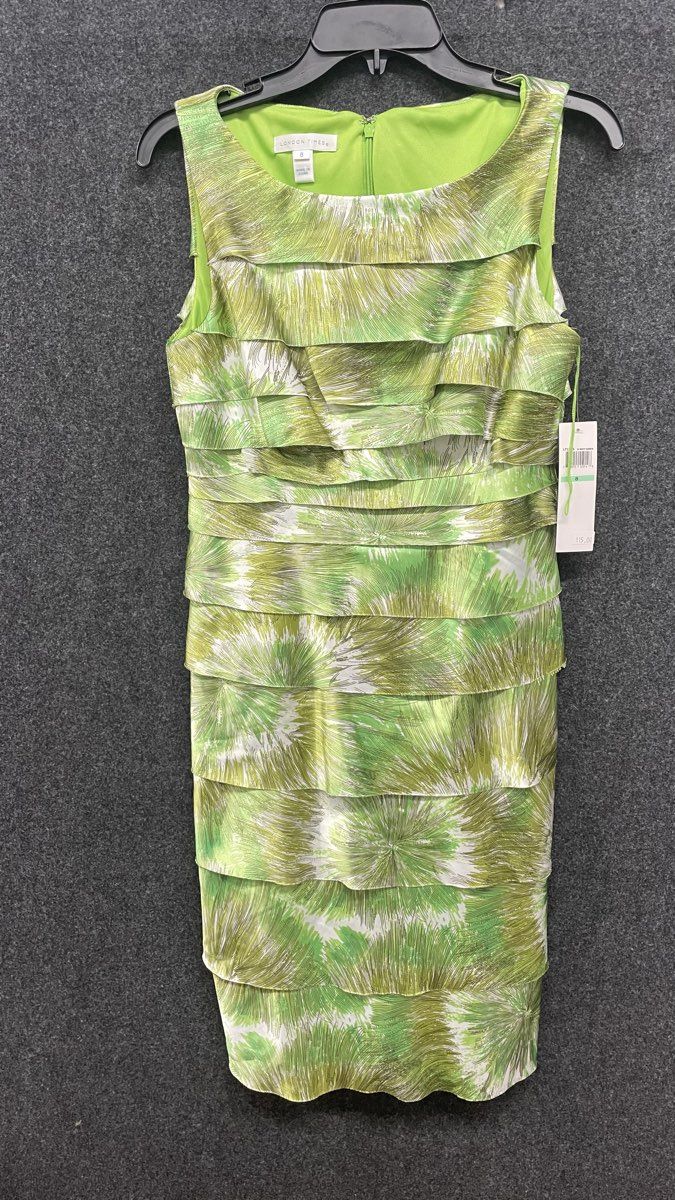 London Times Women's Green White Tiered Ruffle Sleeveless Sheath Dress Sz 8 NWT