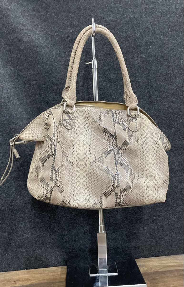 Cole Haan Beige Snakeskin Embossed Leather Satchel Handbag Silver Hardware