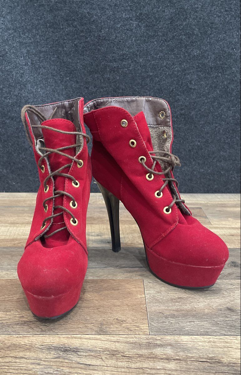 Vero Cuoio Red Faux Suede Platform Ankle Boots Lace Up Stiletto Heels Size 245