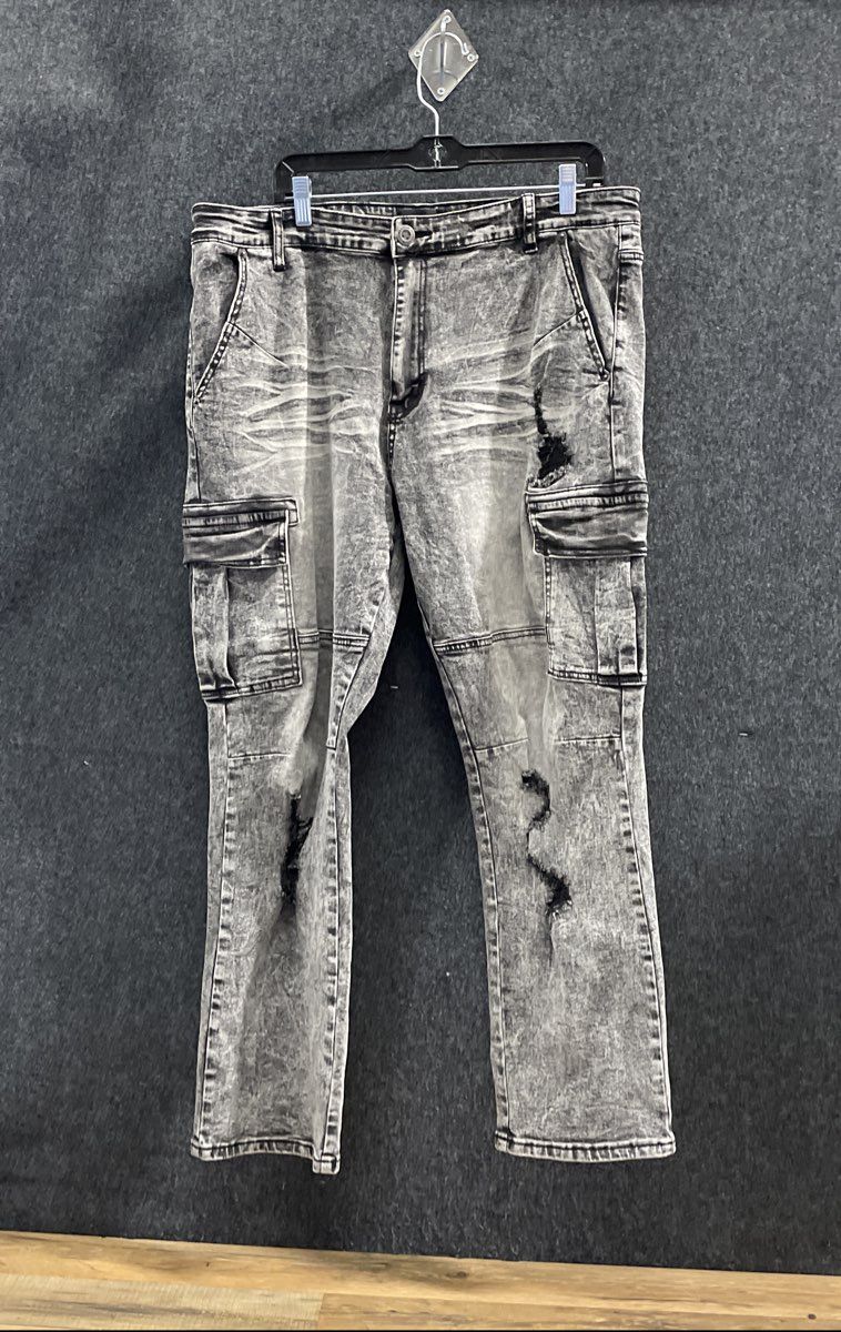 Young Color Men's Grey Acid Wash Distressed Ripped Cargo Pants Sz 38x30