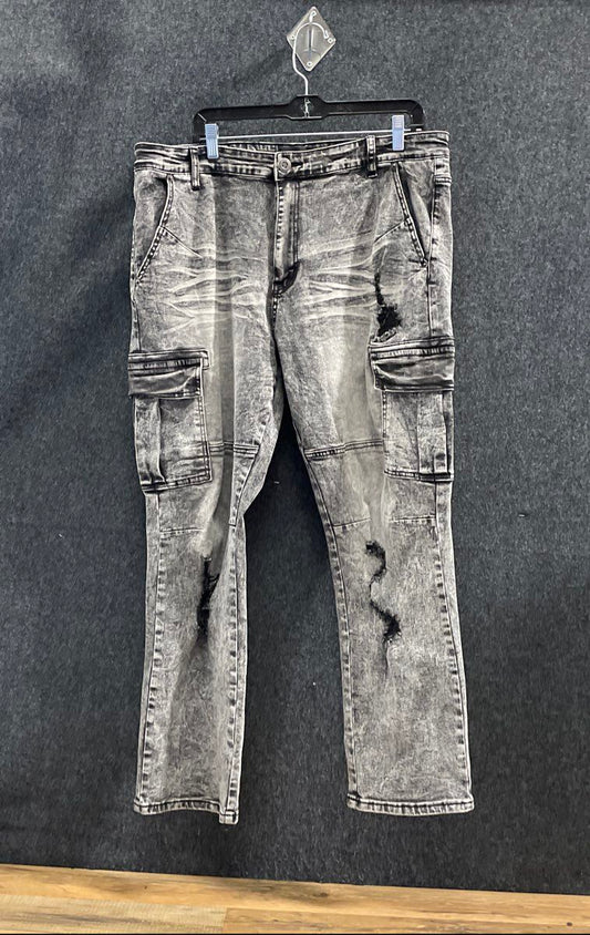 Young Color Men's Grey Acid Wash Distressed Ripped Cargo Pants Sz 38x30