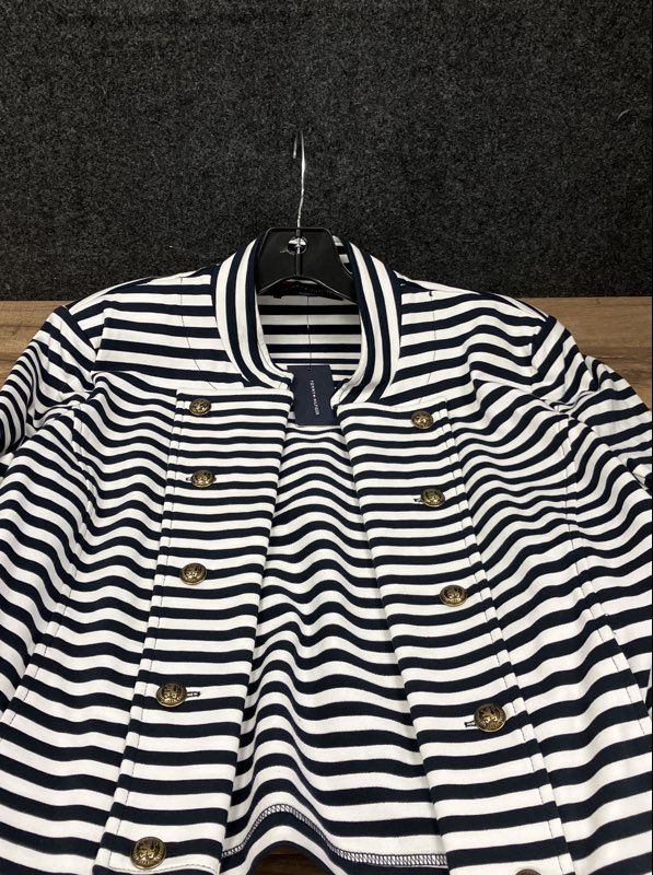 Tommy Hilfiger Women's Blazer Navy White Striped Cotton Crest Button Sz XL NWT