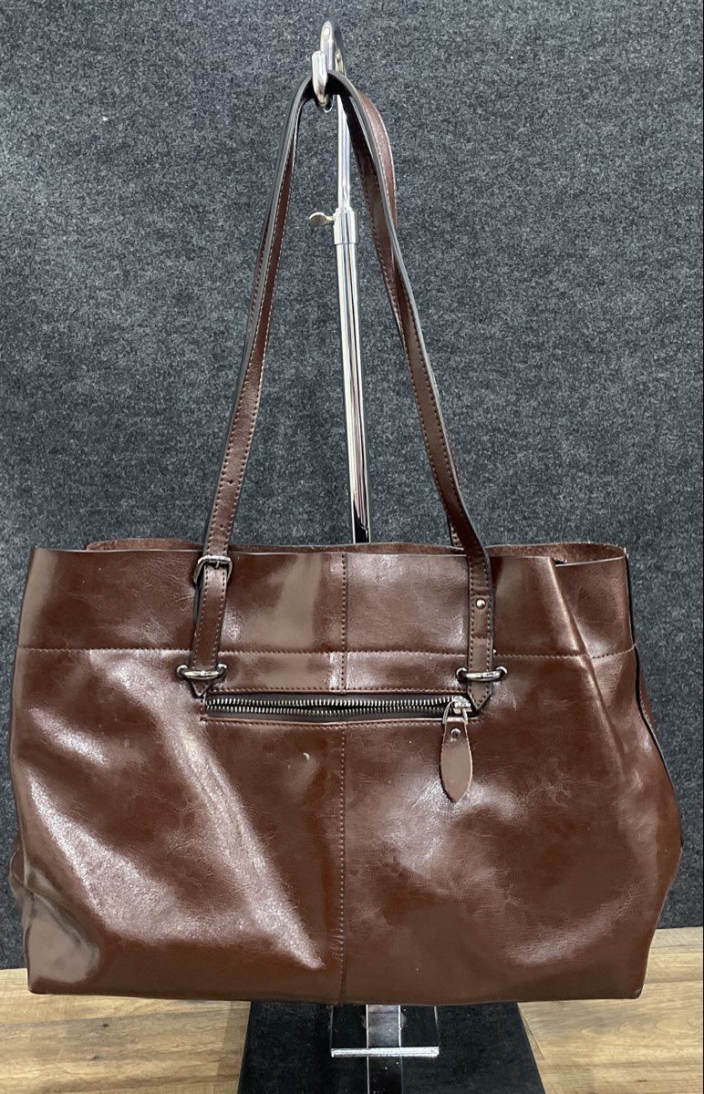 FZone Brown Leather Large Tote Shoulder Bag Silver Hardware Pocket