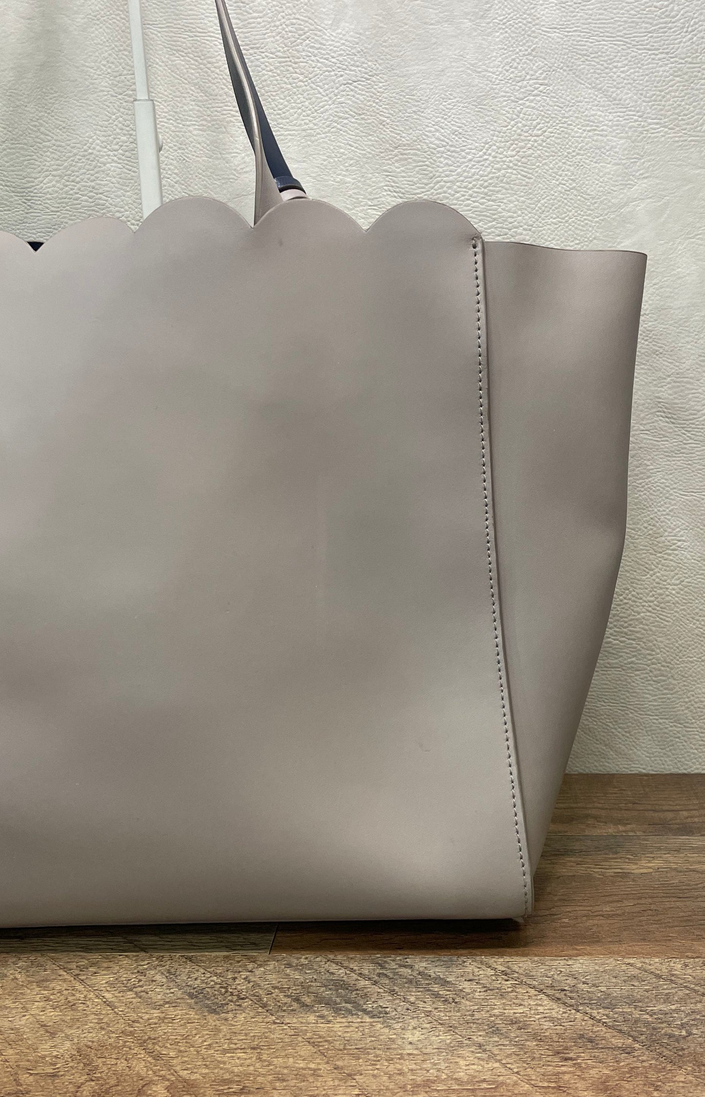 Kate Spade Gray Leather Scalloped Large Tote Bag Navy Interior Silver Hardware