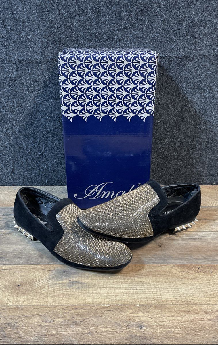 Amali Adkin-428 Black Gold Studded Rhinestone Smoking Slipper Loafer Size 10