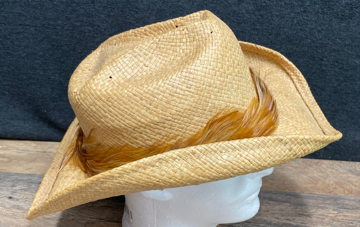 Shady Brady Western Straw Cowboy Hat Natural Tan Feather Band Size L