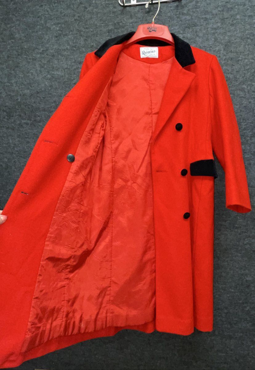 Vintage 90s Rothschild Girls Red Peacoat Velvet Trim Dress Coat Made in USA