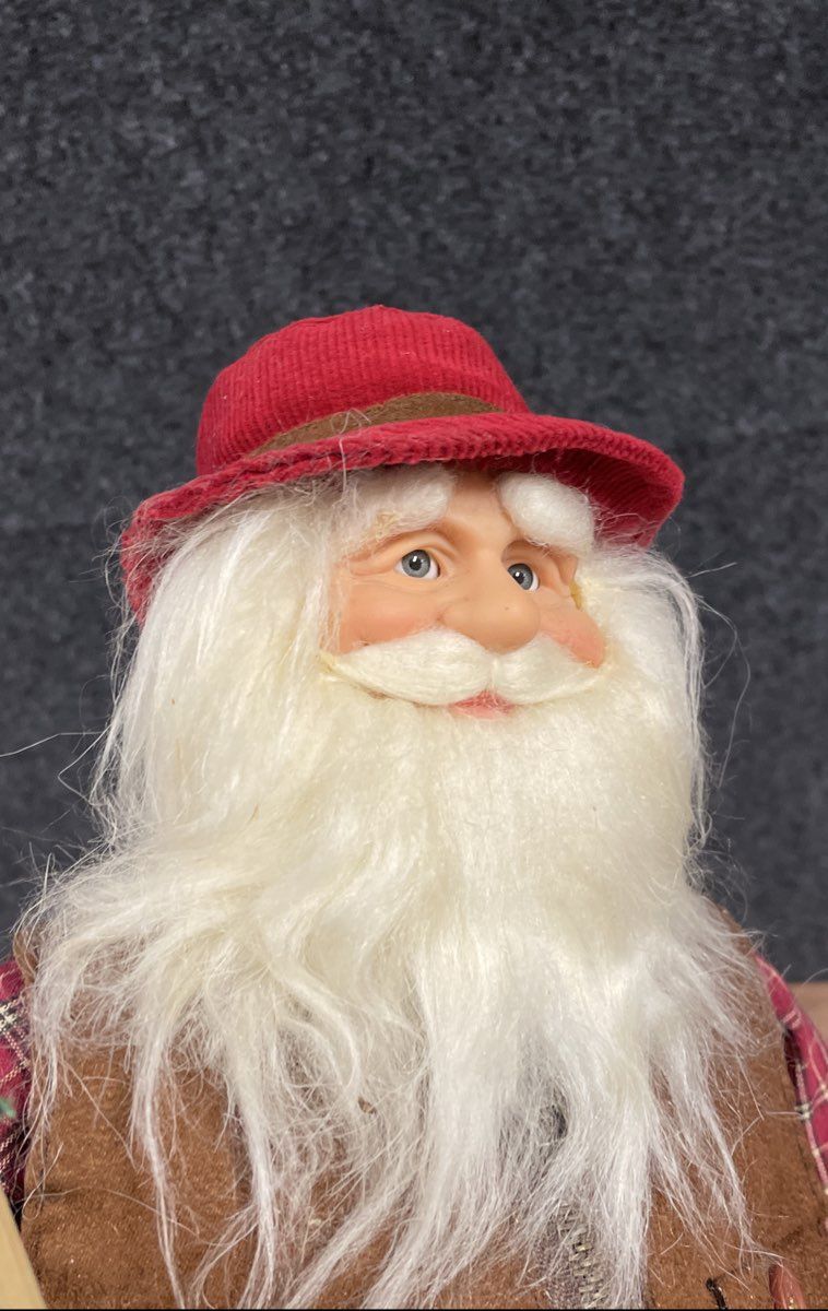 Lot of 2 Santa Claus Figures Fisherman & Rustic Plaid Holiday Tabletop Decor