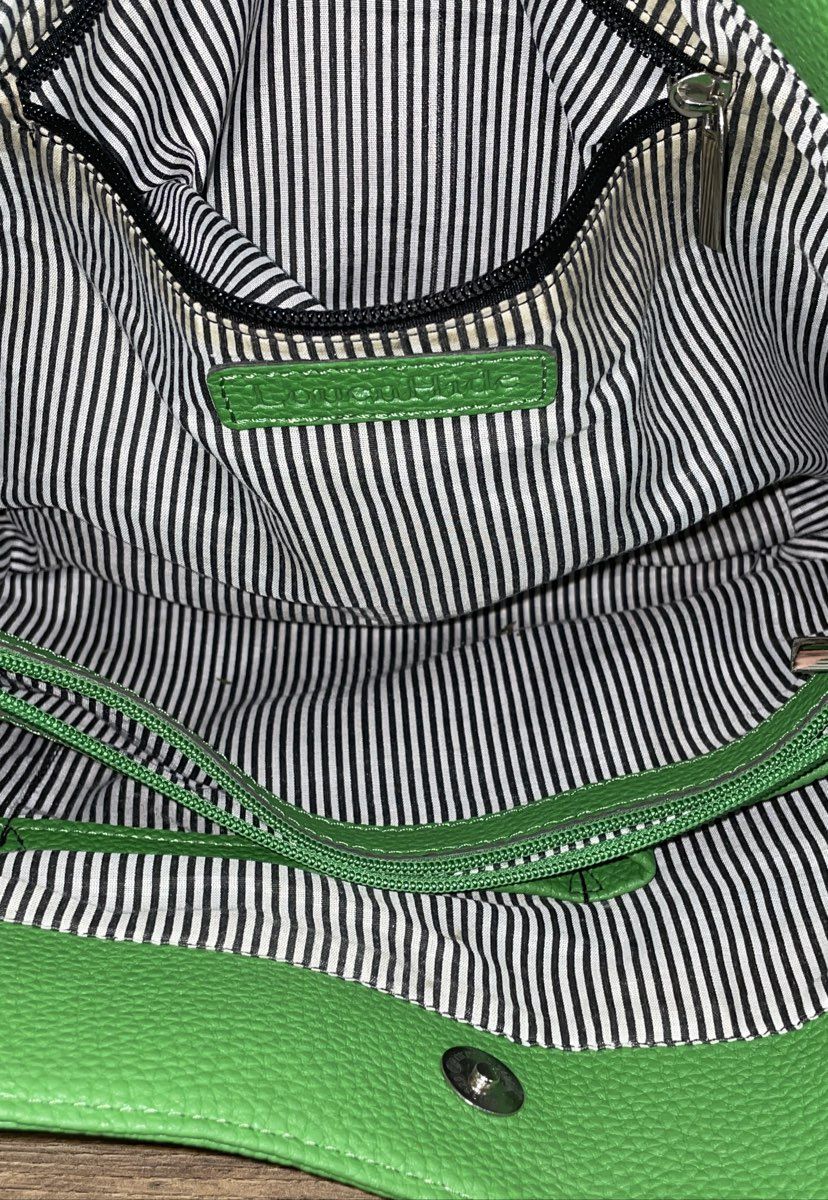 Louen Hide Green Pebbled Vegan Leather Tote Shoulder Bag Striped Lining