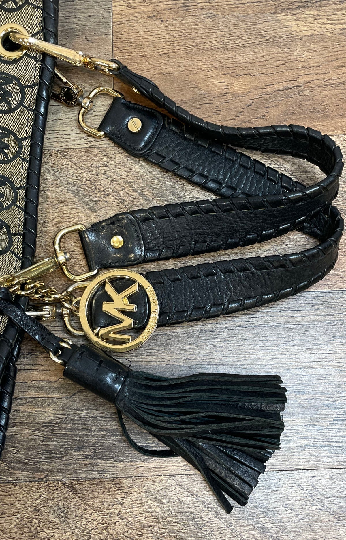 Michael Kors Beige Black Monogram Canvas Shoulder Bag Gold Tassel Braided Handle