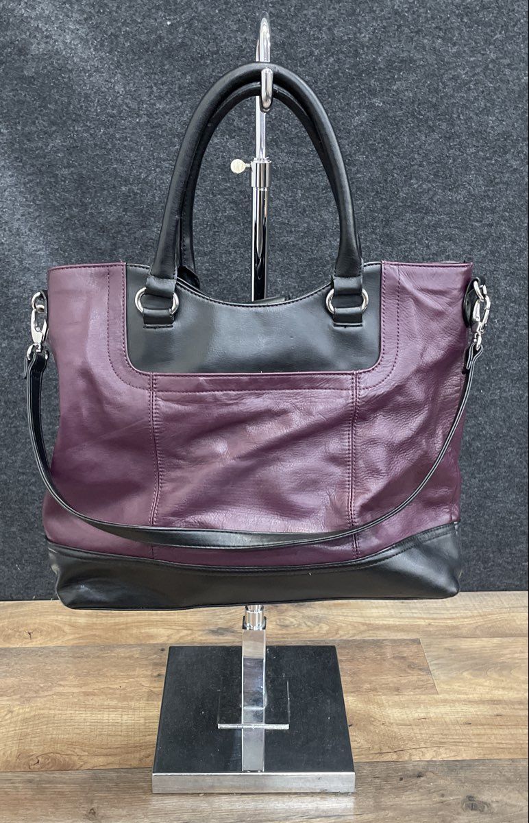 Tignanello Purple and Black Leather Tote Handbag Silver Hardware