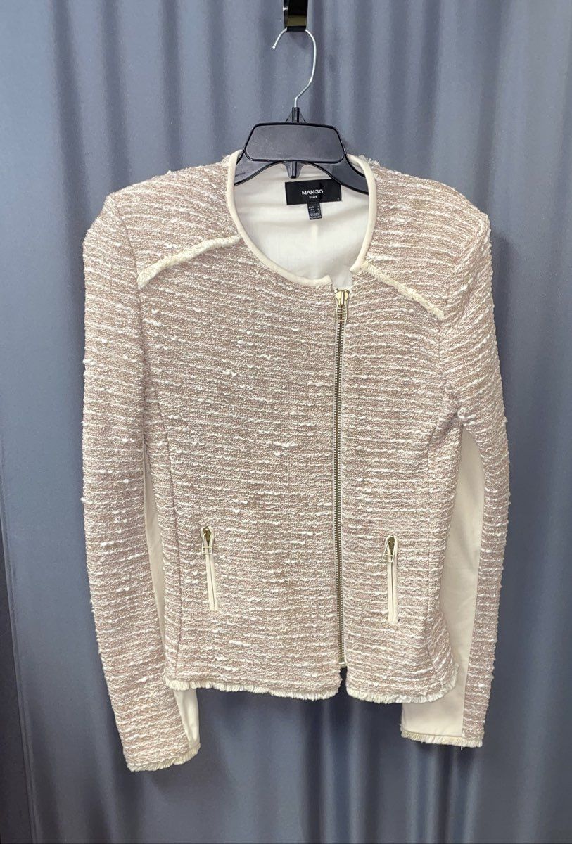 Mango Suit Women's Beige Pink Textured Boucle Zip Jacket Raw Edge Fringe Sz M